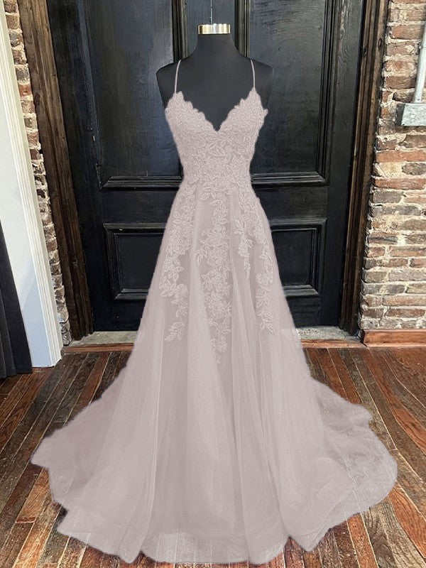 A-Line/Princess Tulle Applique V-neck Sleeveless Sweep/Brush Train Bridesmaid Dresses