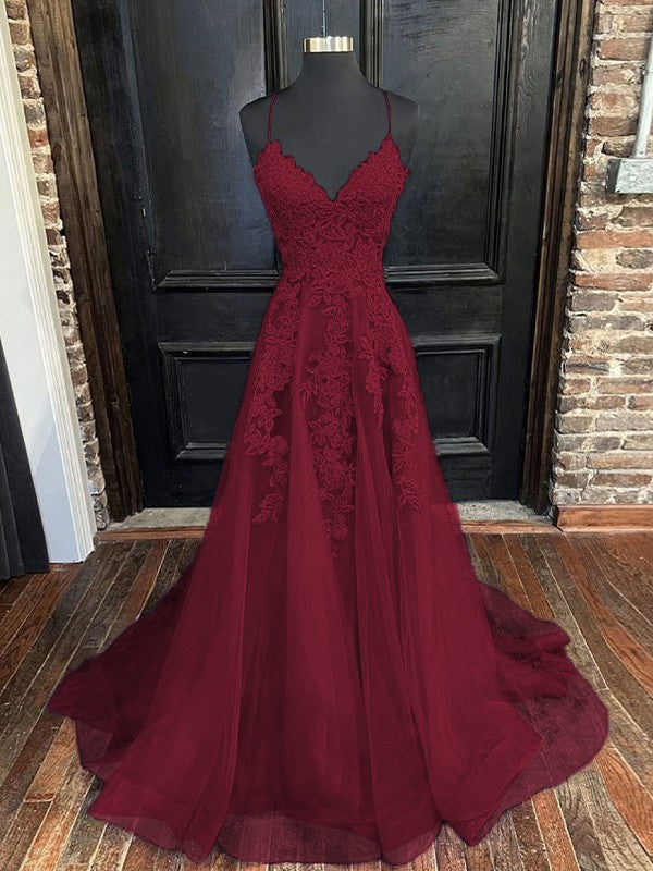 A-Line/Princess Tulle Applique V-neck Sleeveless Sweep/Brush Train Bridesmaid Dresses