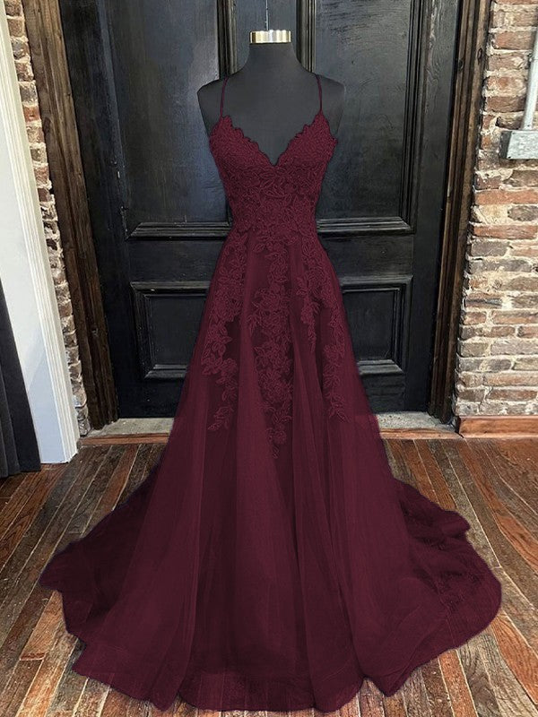 A-Line/Princess Tulle Applique V-neck Sleeveless Sweep/Brush Train Bridesmaid Dresses