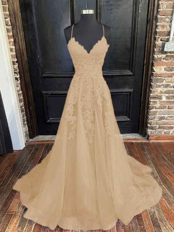 A-Line/Princess Tulle Applique V-neck Sleeveless Sweep/Brush Train Bridesmaid Dresses