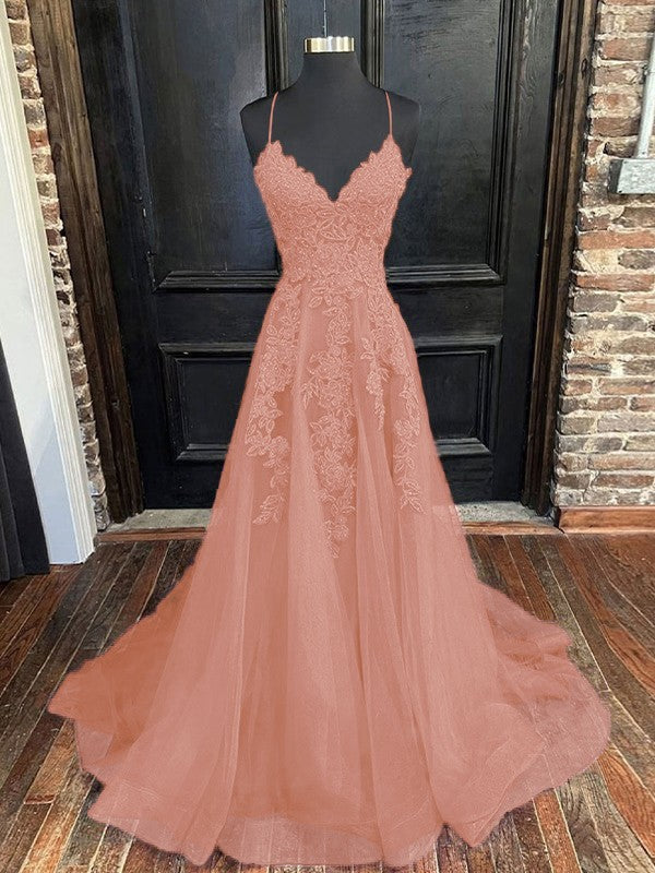 A-Line/Princess Tulle Applique V-neck Sleeveless Sweep/Brush Train Bridesmaid Dresses