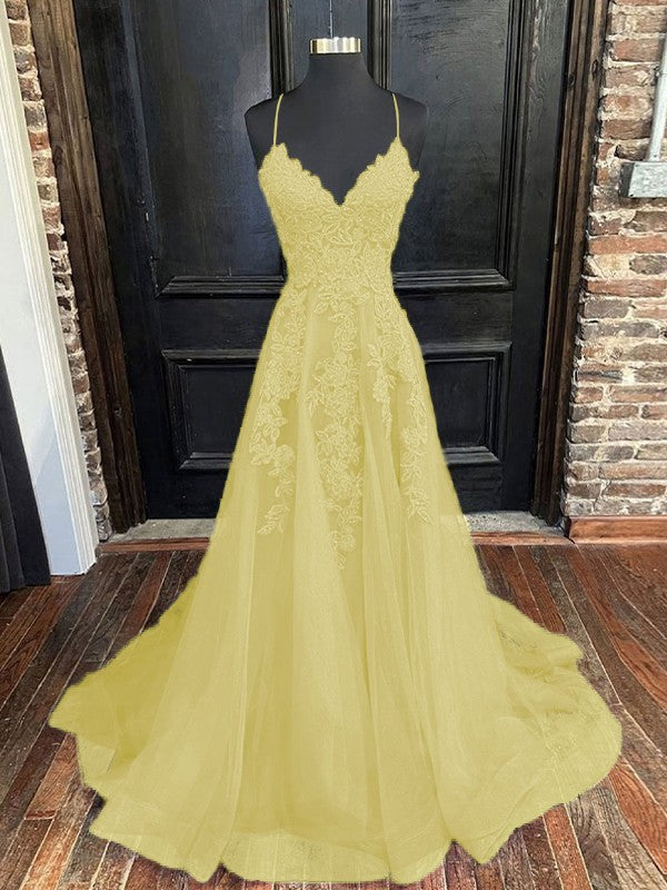 A-Line/Princess Tulle Applique V-neck Sleeveless Sweep/Brush Train Bridesmaid Dresses