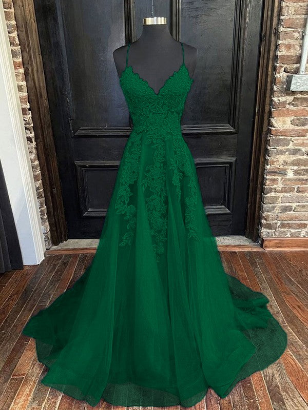 A-Line/Princess Tulle Applique V-neck Sleeveless Sweep/Brush Train Bridesmaid Dresses