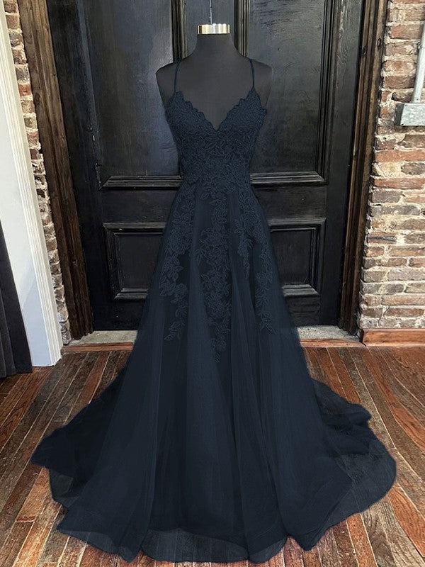 A-Line/Princess Tulle Applique V-neck Sleeveless Sweep/Brush Train Bridesmaid Dresses