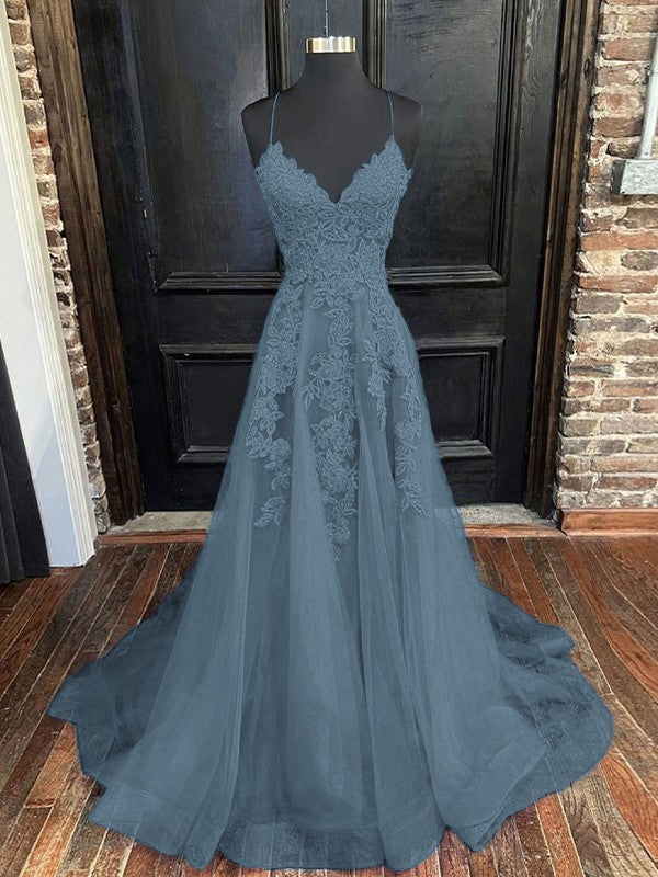 A-Line/Princess Tulle Applique V-neck Sleeveless Sweep/Brush Train Bridesmaid Dresses
