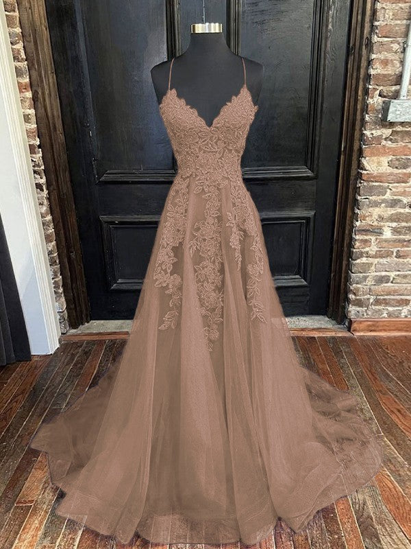A-Line/Princess Tulle Applique V-neck Sleeveless Sweep/Brush Train Bridesmaid Dresses