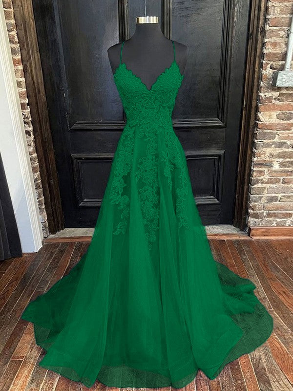 A-Line/Princess Tulle Applique V-neck Sleeveless Sweep/Brush Train Bridesmaid Dresses