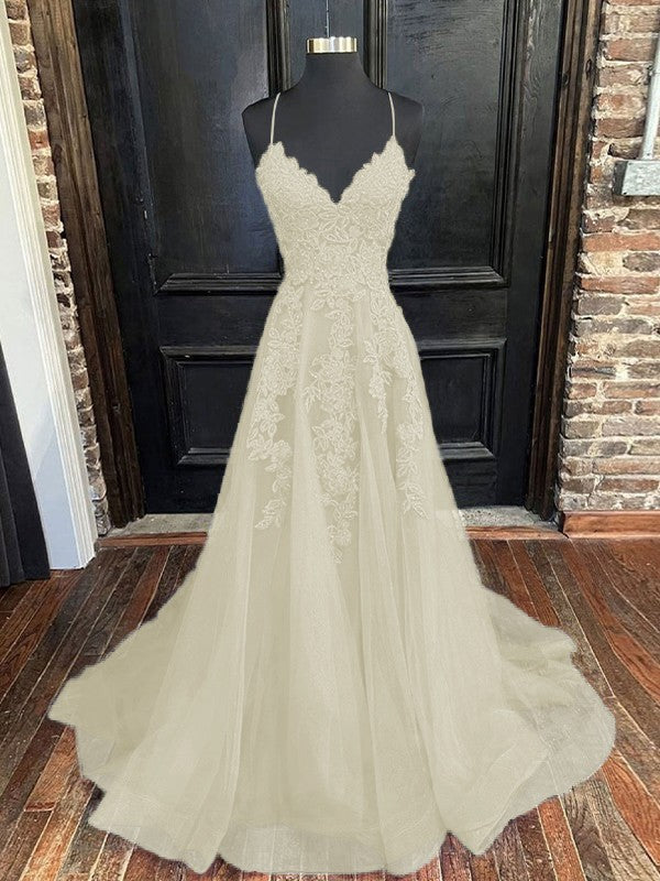 A-Line/Princess Tulle Applique V-neck Sleeveless Sweep/Brush Train Bridesmaid Dresses