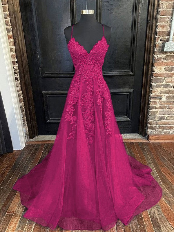 A-Line/Princess Tulle Applique V-neck Sleeveless Sweep/Brush Train Bridesmaid Dresses