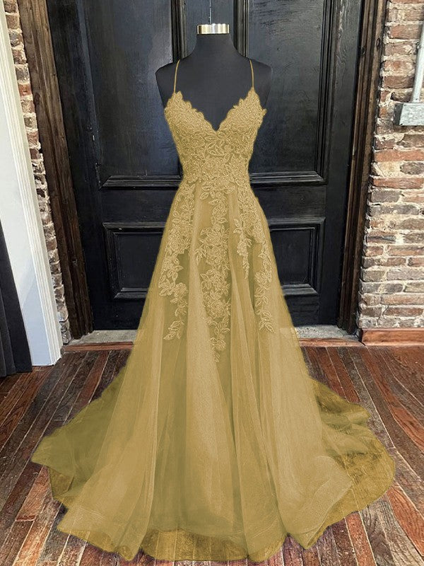 A-Line/Princess Tulle Applique V-neck Sleeveless Sweep/Brush Train Bridesmaid Dresses