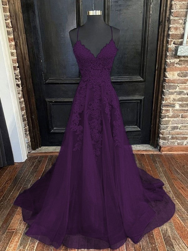 A-Line/Princess Tulle Applique V-neck Sleeveless Sweep/Brush Train Bridesmaid Dresses