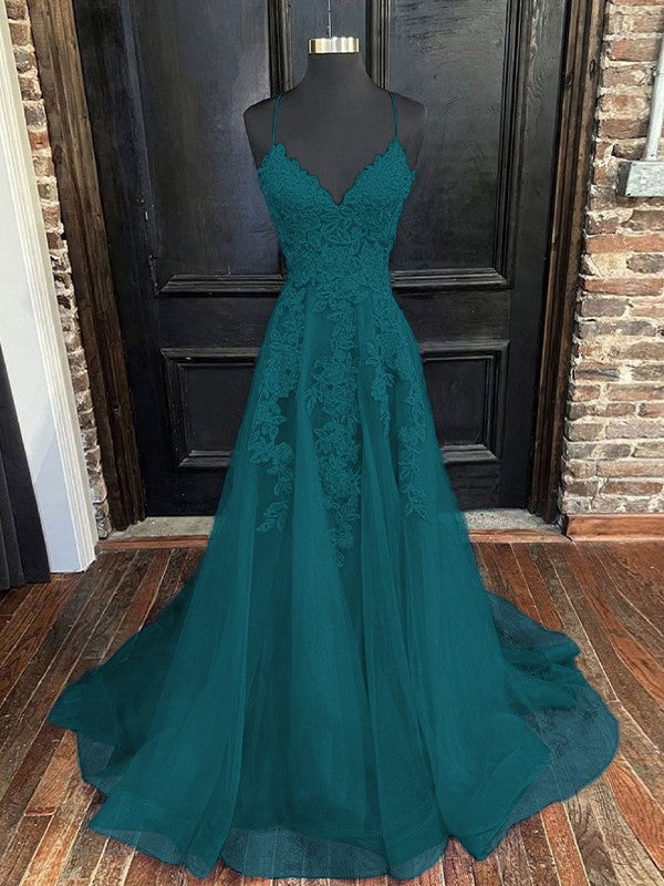 A-Line/Princess Tulle Applique V-neck Sleeveless Sweep/Brush Train Bridesmaid Dresses