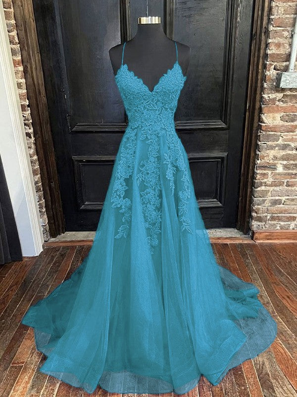 A-Line/Princess Tulle Applique V-neck Sleeveless Sweep/Brush Train Bridesmaid Dresses