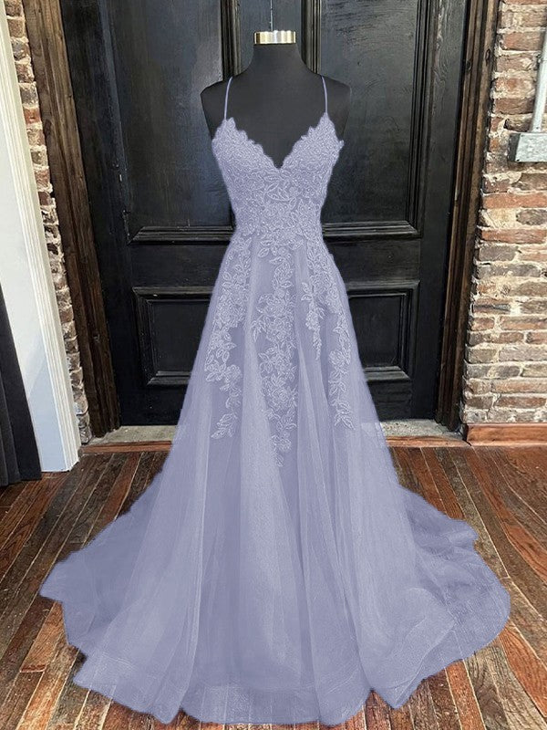 A-Line/Princess Tulle Applique V-neck Sleeveless Sweep/Brush Train Bridesmaid Dresses