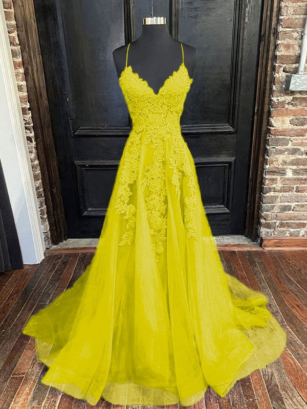 A-Line/Princess Tulle Applique V-neck Sleeveless Sweep/Brush Train Bridesmaid Dresses