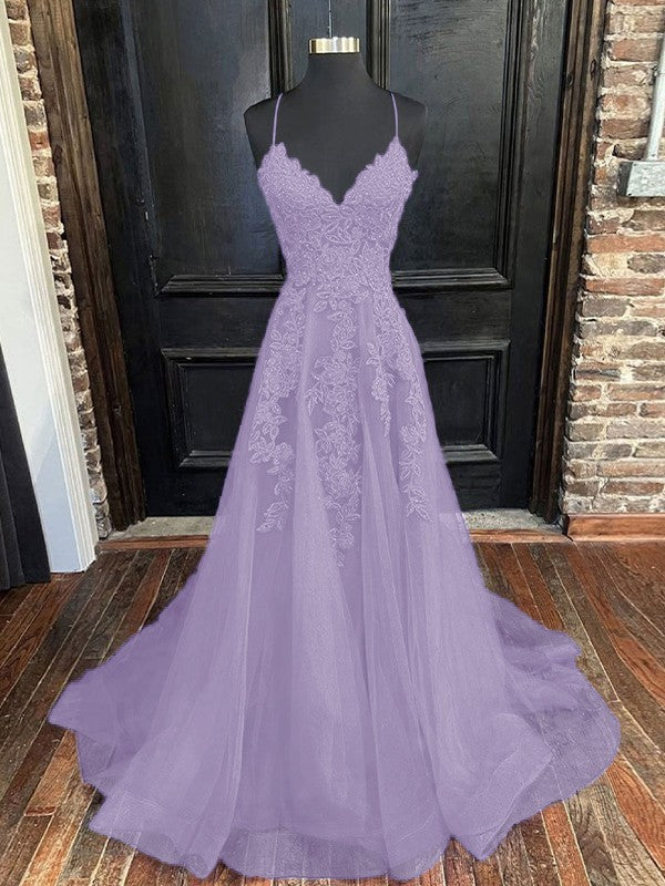 A-Line/Princess Tulle Applique V-neck Sleeveless Sweep/Brush Train Bridesmaid Dresses