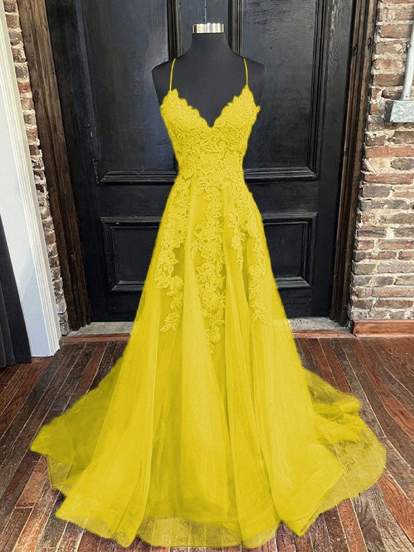 A-Line/Princess Tulle Applique V-neck Sleeveless Sweep/Brush Train Bridesmaid Dresses