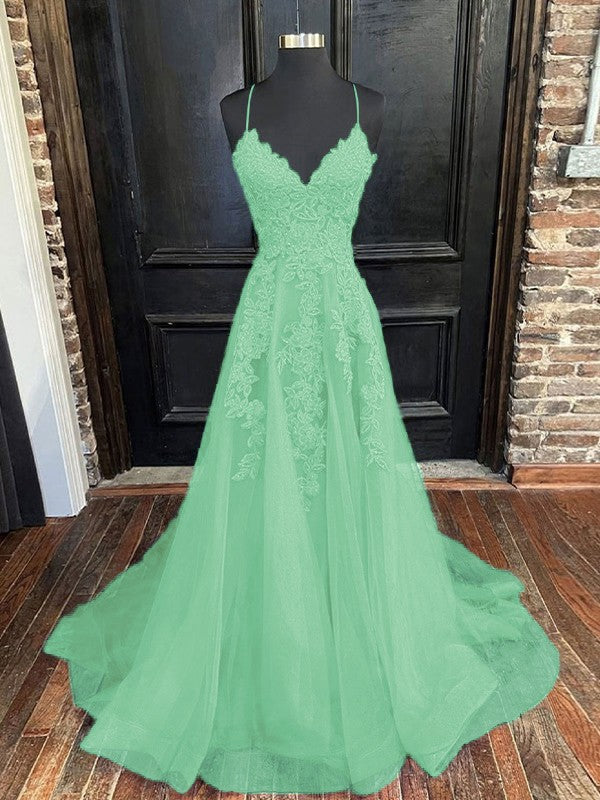 A-Line/Princess Tulle Applique V-neck Sleeveless Sweep/Brush Train Bridesmaid Dresses