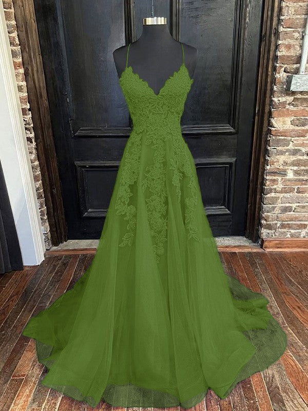 A-Line/Princess Tulle Applique V-neck Sleeveless Sweep/Brush Train Bridesmaid Dresses