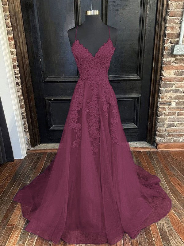 A-Line/Princess Tulle Applique V-neck Sleeveless Sweep/Brush Train Bridesmaid Dresses