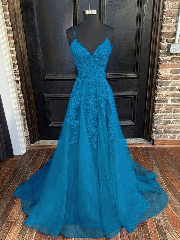 A-Line/Princess Tulle Applique V-neck Sleeveless Sweep/Brush Train Bridesmaid Dresses