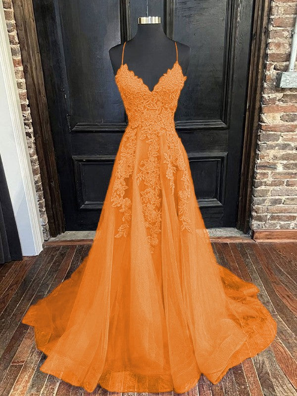 A-Line/Princess Tulle Applique V-neck Sleeveless Sweep/Brush Train Bridesmaid Dresses