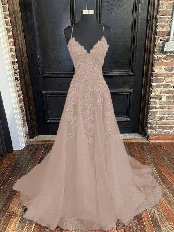 A-Line/Princess Tulle Applique V-neck Sleeveless Sweep/Brush Train Bridesmaid Dresses
