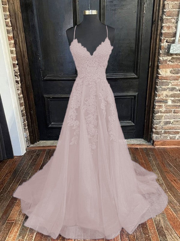 A-Line/Princess Tulle Applique V-neck Sleeveless Sweep/Brush Train Bridesmaid Dresses