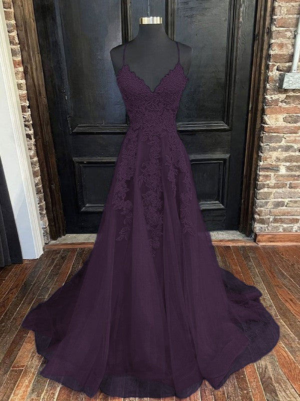 A-Line/Princess Tulle Applique V-neck Sleeveless Sweep/Brush Train Bridesmaid Dresses