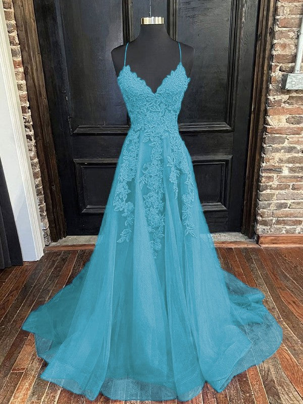 A-Line/Princess Tulle Applique V-neck Sleeveless Sweep/Brush Train Bridesmaid Dresses