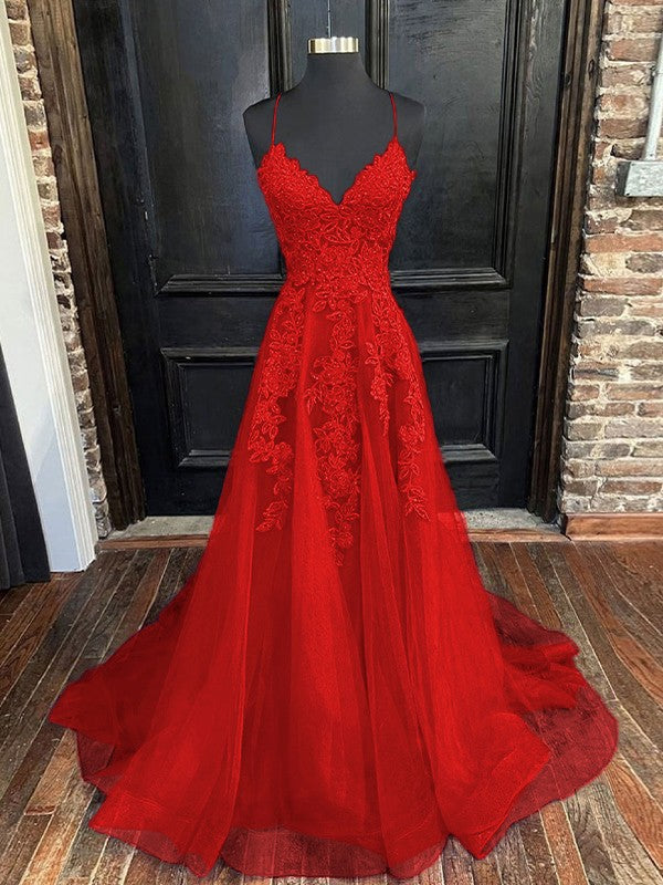 A-Line/Princess Tulle Applique V-neck Sleeveless Sweep/Brush Train Bridesmaid Dresses