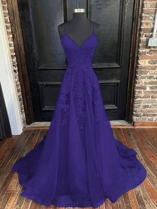 A-Line/Princess Tulle Applique V-neck Sleeveless Sweep/Brush Train Bridesmaid Dresses