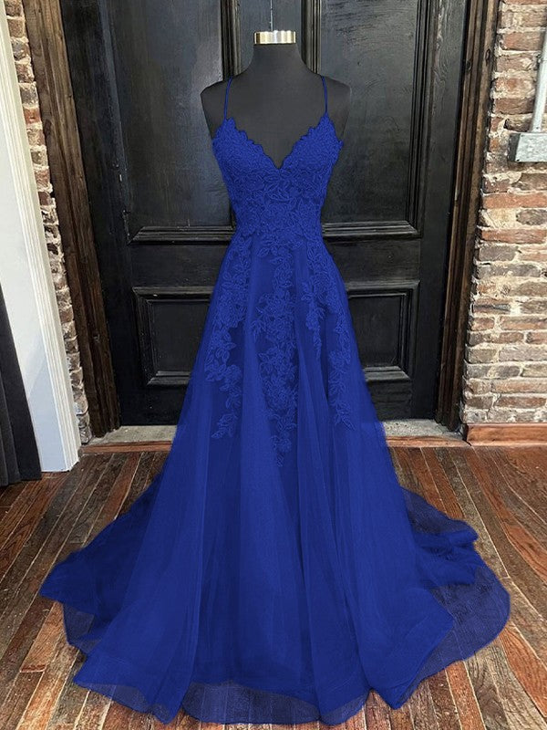 A-Line/Princess Tulle Applique V-neck Sleeveless Sweep/Brush Train Bridesmaid Dresses