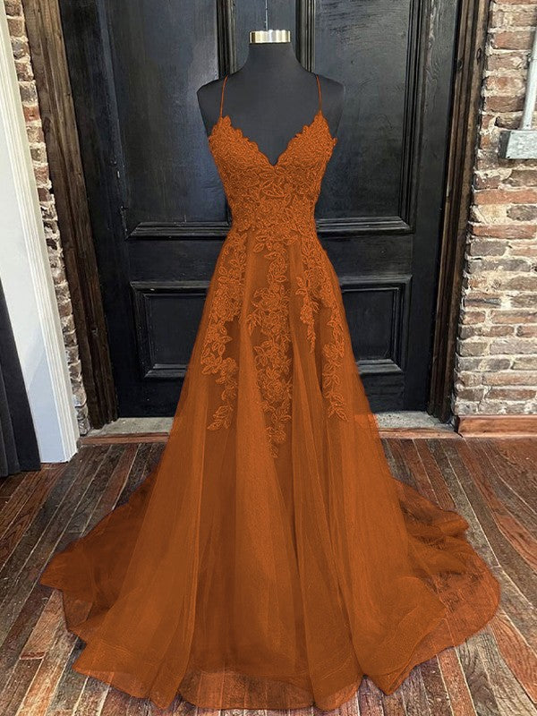 A-Line/Princess Tulle Applique V-neck Sleeveless Sweep/Brush Train Bridesmaid Dresses
