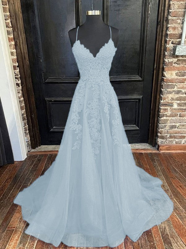 A-Line/Princess Tulle Applique V-neck Sleeveless Sweep/Brush Train Bridesmaid Dresses