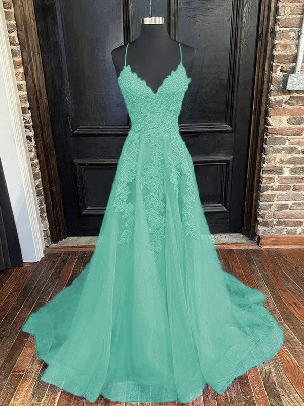 A-Line/Princess Tulle Applique V-neck Sleeveless Sweep/Brush Train Bridesmaid Dresses