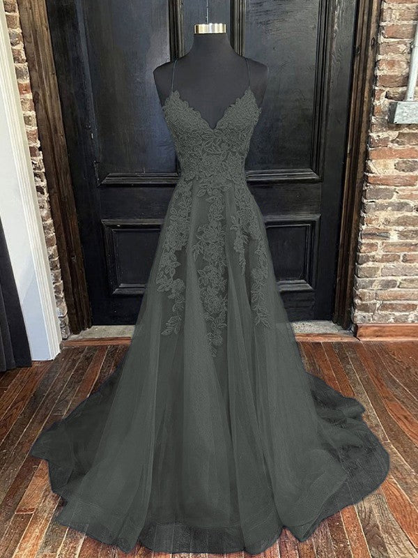 A-Line/Princess Tulle Applique V-neck Sleeveless Sweep/Brush Train Bridesmaid Dresses
