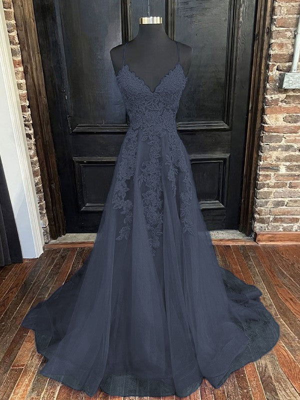 A-Line/Princess Tulle Applique V-neck Sleeveless Sweep/Brush Train Bridesmaid Dresses