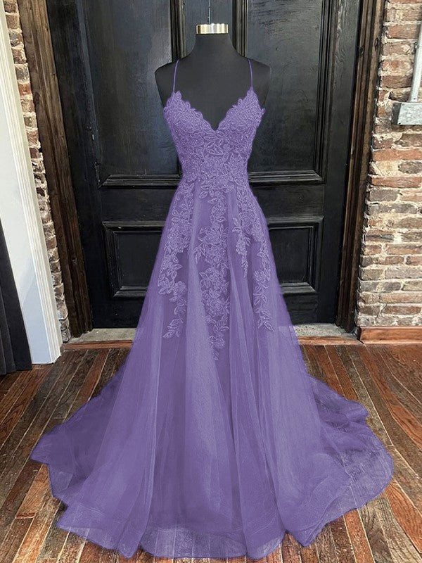 A-Line/Princess Tulle Applique V-neck Sleeveless Sweep/Brush Train Bridesmaid Dresses