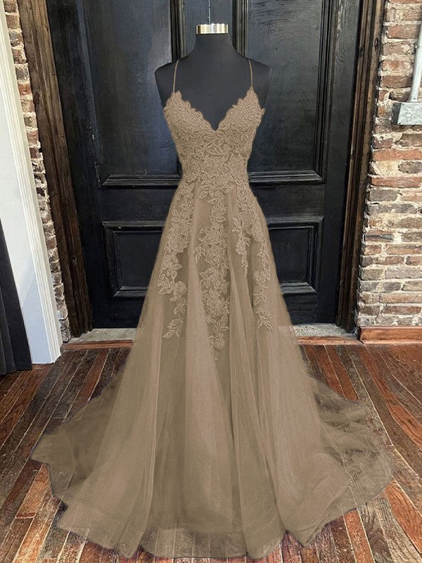 A-Line/Princess Tulle Applique V-neck Sleeveless Sweep/Brush Train Bridesmaid Dresses