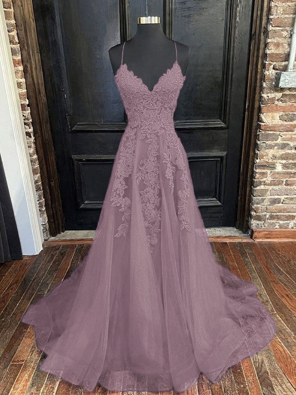 A-Line/Princess Tulle Applique V-neck Sleeveless Sweep/Brush Train Bridesmaid Dresses