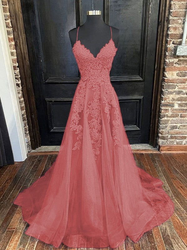 A-Line/Princess Tulle Applique V-neck Sleeveless Sweep/Brush Train Bridesmaid Dresses