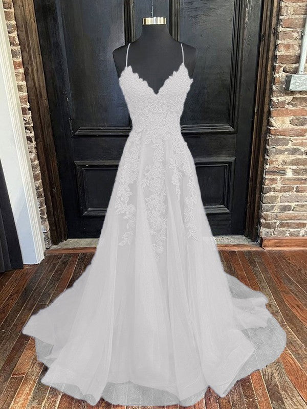 A-Line/Princess Tulle Applique V-neck Sleeveless Sweep/Brush Train Bridesmaid Dresses
