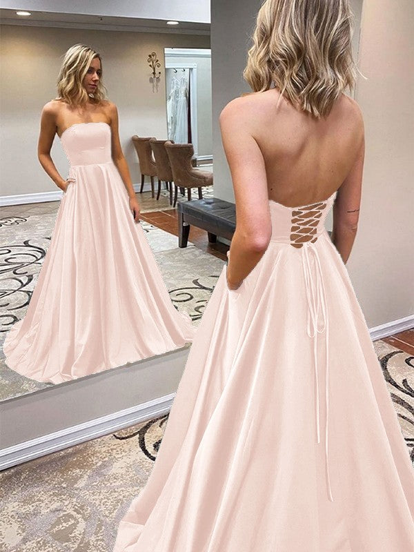 A-Line/Princess Satin Ruffles Strapless Sleeveless Sweep/Brush Train Prom Dress