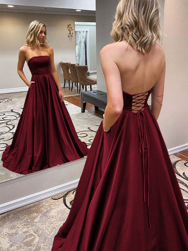 A-Line/Princess Satin Ruffles Strapless Sleeveless Sweep/Brush Train Prom Dress