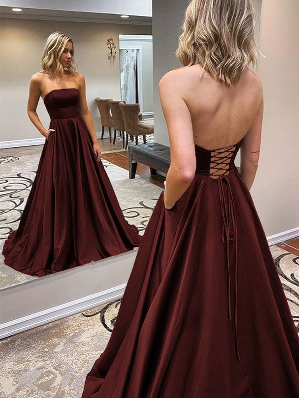 A-Line/Princess Satin Ruffles Strapless Sleeveless Sweep/Brush Train Prom Dress