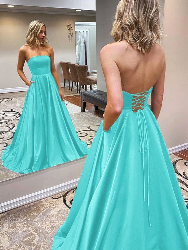 A-Line/Princess Satin Ruffles Strapless Sleeveless Sweep/Brush Train Prom Dress