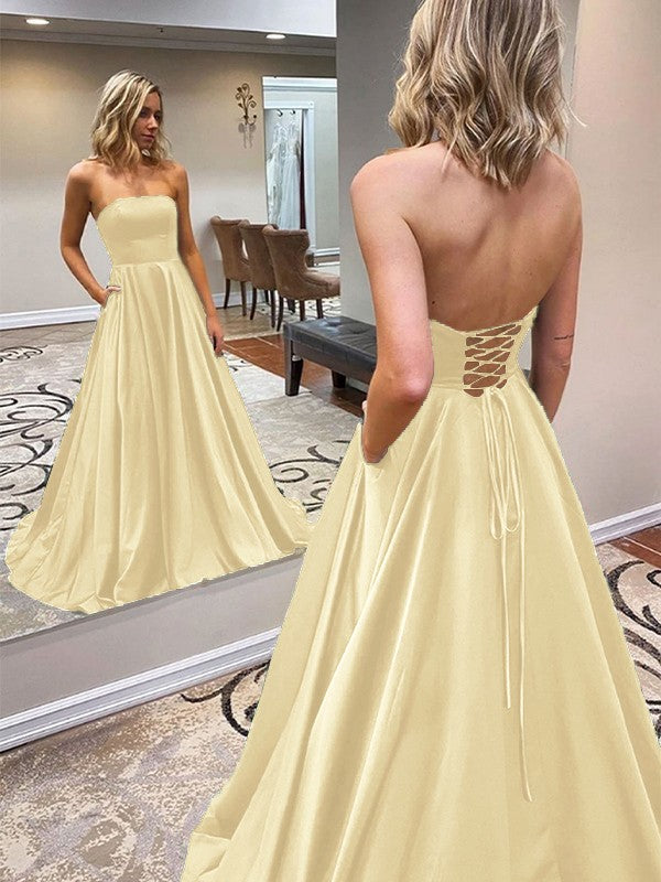 A-Line/Princess Satin Ruffles Strapless Sleeveless Sweep/Brush Train Prom Dress