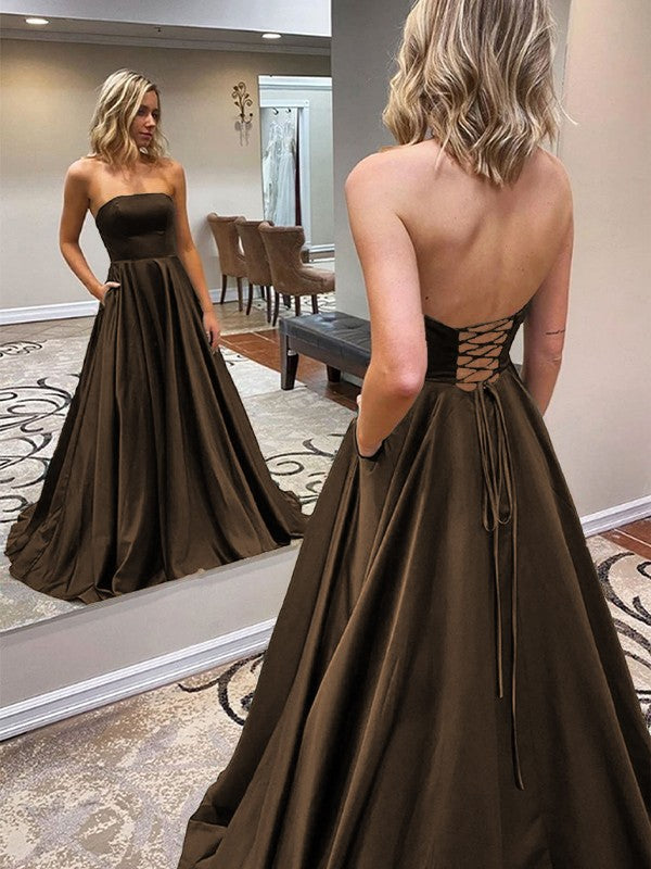 A-Line/Princess Satin Ruffles Strapless Sleeveless Sweep/Brush Train Prom Dress