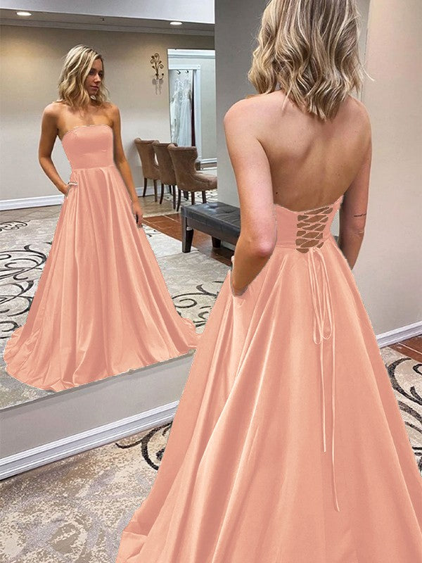 A-Line/Princess Satin Ruffles Strapless Sleeveless Sweep/Brush Train Prom Dress